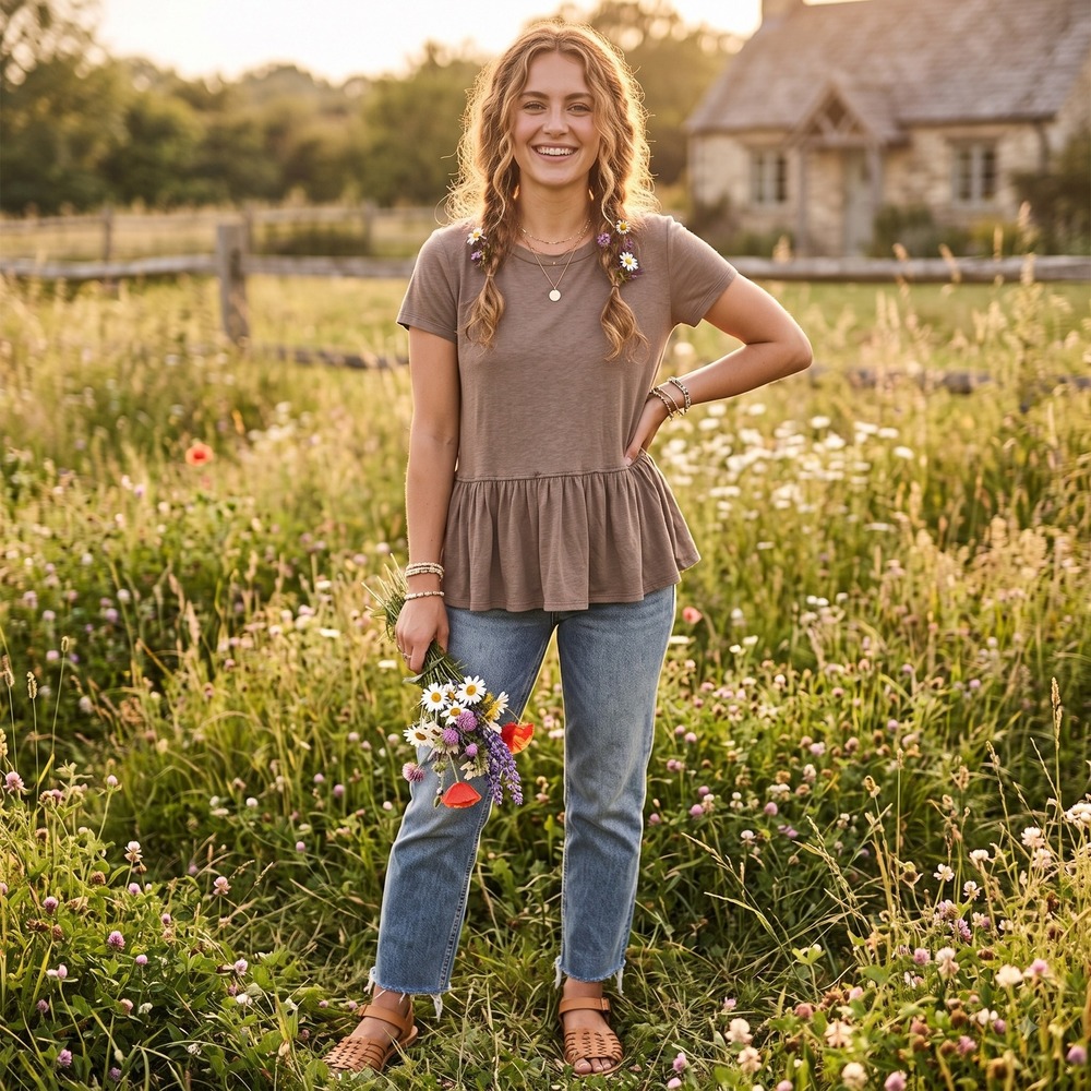 Womens Taupe Brown Peplum T-Shirt Ruffle Hem Boho Cottagecore Short Sleeve Top